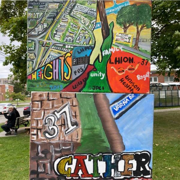 Two paintings posted within the community greenspace. The top painting shows a map of Lawrence Heights. The bottom painting shows a close up of a community area including the Varna street sign, the number 37 and the word 'Gather'.