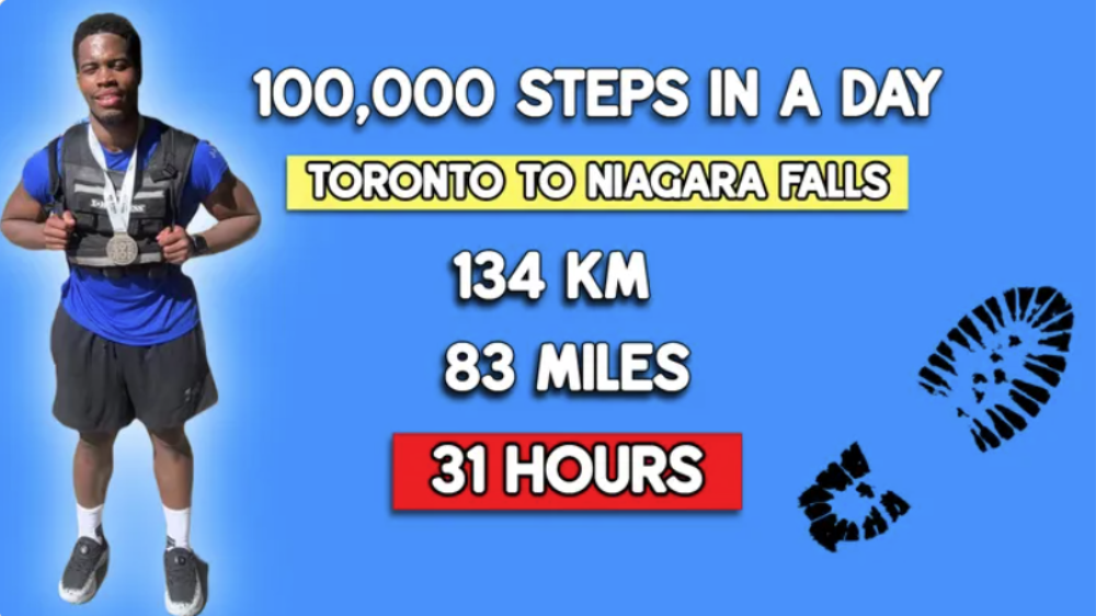 Blue background, a cut-out photo of Trevaun Douglas to the left and text reading 100,000 steps in a day, Toronto to Niagara Falls, 134 KM, 83 miles, 31 hours in the centre. A shoe print graphic to the right.