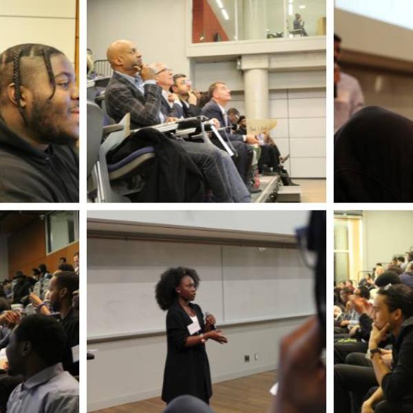 Six snapshots from the 2018 Be. Build. Brand. pitch contest. Top left: participants seated in chairs listening. Top centre: Front row of audience listening to a pitch. Top right: A digital camera takes a photo of one of the pitch speakers. Bottom left: A moderator holds a microphone out to an audience member to speak. Bottom centre: A woman stands at the front giving her pitch. Bottom right: A large audience seated in an auditorium listening.