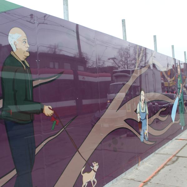 Mural illustration of senior walking his dog