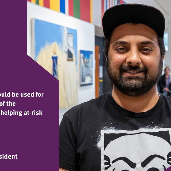 Headshot of Dawar, a Regent Park resident, with the text of his thoughts on how the community benefits agreement should be invested in Regent Park.
