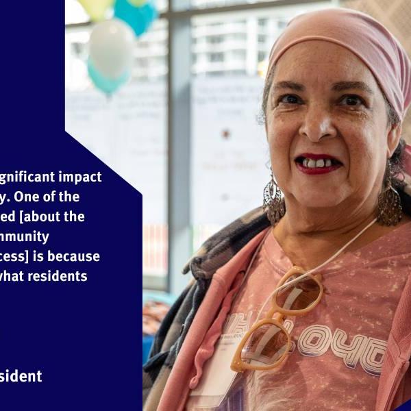 Headshot of Deany, a Regent Park resident, with the text of her thoughts on how the community benefits agreement should be invested in Regent Park.