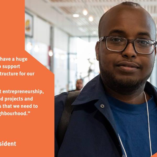 Headshot of Ismail, a Regent Park resident, with the text of his thoughts on how the community benefits agreement should be invested in Regent Park.