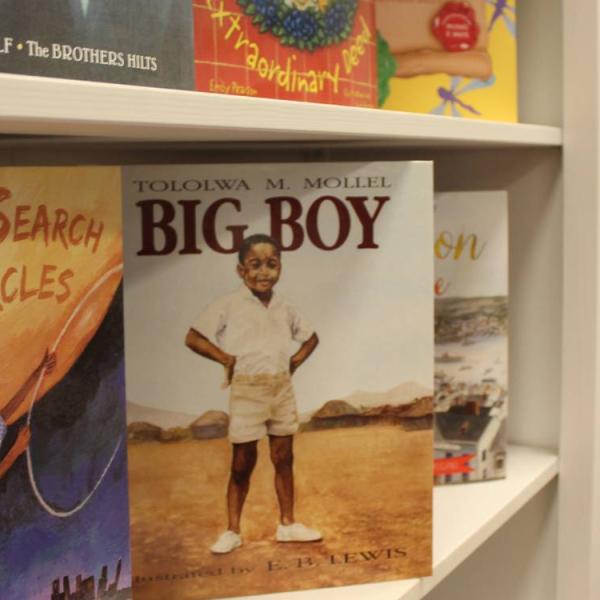 A close up view of a book shelf focused on a book called 'Big Boy'.