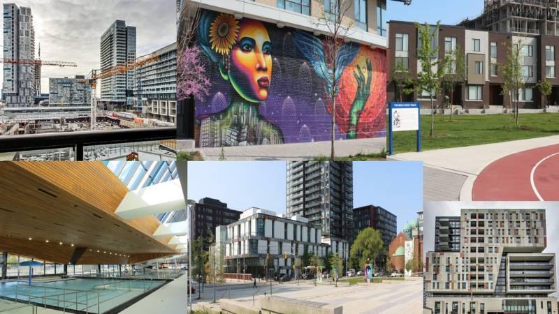 Collage of regent park photos including buildings, a community pool, a mural and part of a park