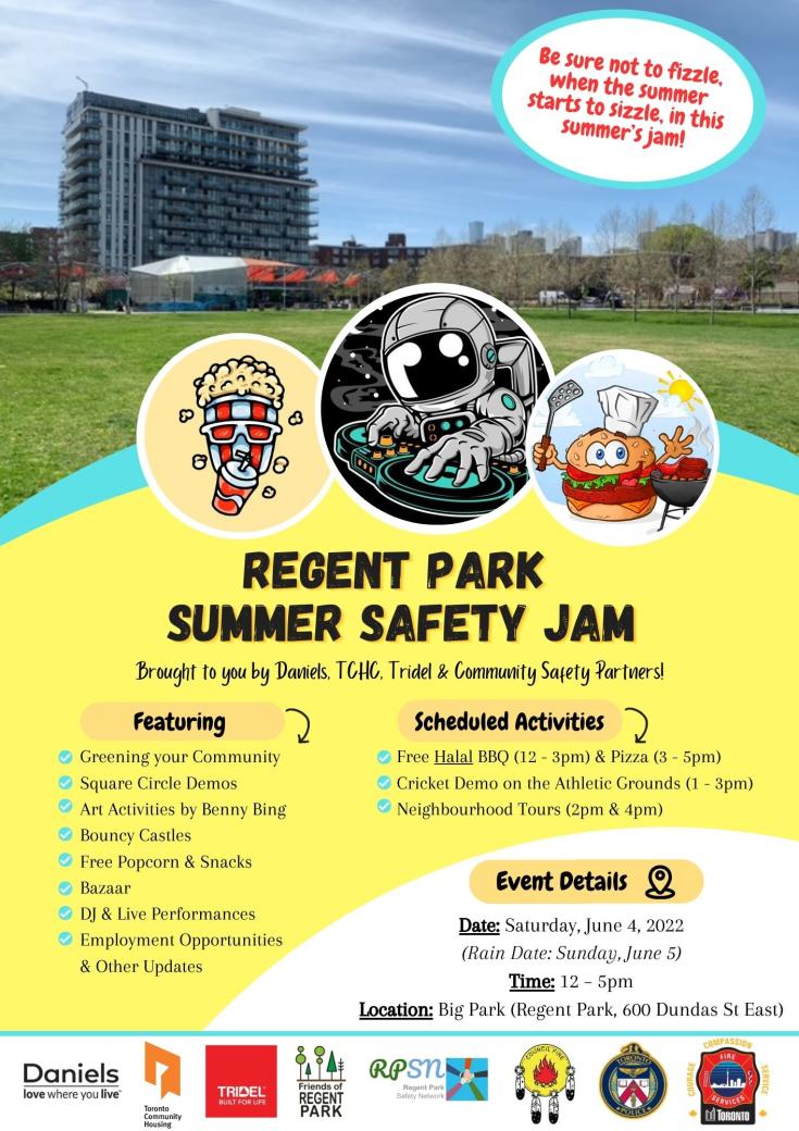 A flyer that advertises the 2022 Regent Park summer safety jam