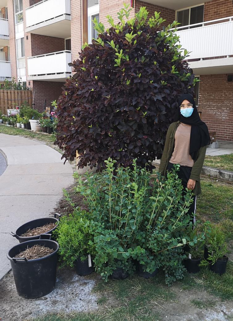 Photo of a tenant behind a bush she planted