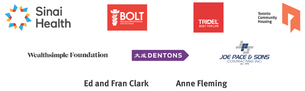 Logos for the IIODS Scholarship 2023 Donors: Sinai Health, BOLT, Tridel, Toronto Community Housing, WealthSimple Foundation, Dentons, Joe Pace & Sons Contracting Inc., Ed and Fran Clark, and Anne Fleming.