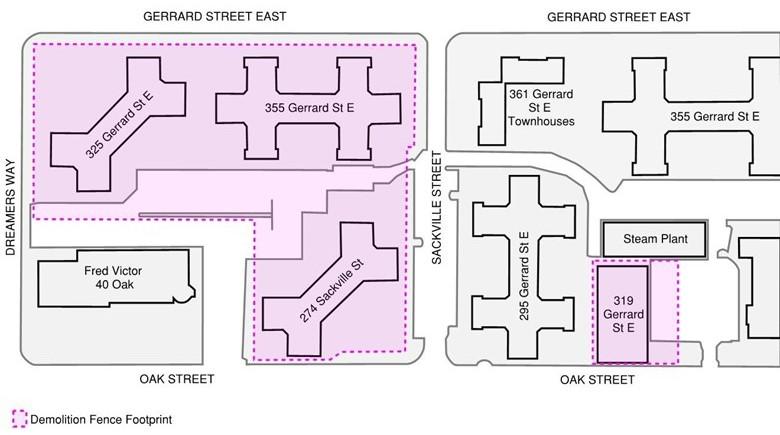 An outline of the demolition sites in Regent Park for the beginning of Phases 4-5. The buildings to be demolished include 325 Gerrard Street East (at the corner of Gerrard Street East and Dreamers Way), 355 Gerrard Street East (at the corner of Gerrard Street East and Sackville Street), 274 Sackville Street (at the corner of Sackville Street and Oak Street, facing 355 Gerrard Street East), and 319 Gerrard Street East (facing onto Oak Street, beside the Steam Plant and 295 Gerrard Street East).