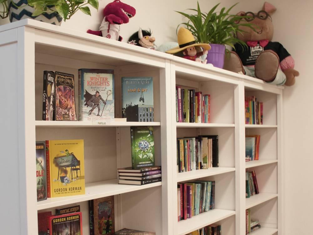 A book shelf full of children's books and stuffed animals of beloved book characters.