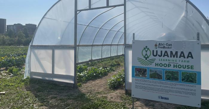 A hoop house is shown with some crops growing inside