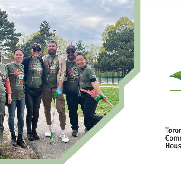 TCHC team members outside in a park wearing green t-shirts with litter pickers. Text description: Toronto Community Housing, 2024 Canada's Greenest Employers.